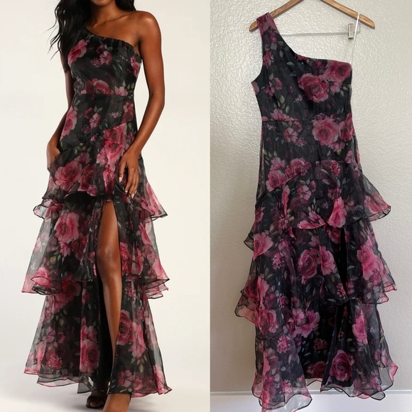 Lulus Dresses & Skirts - Regal Florals Black Floral Print Organza Tiered Maxi Dress